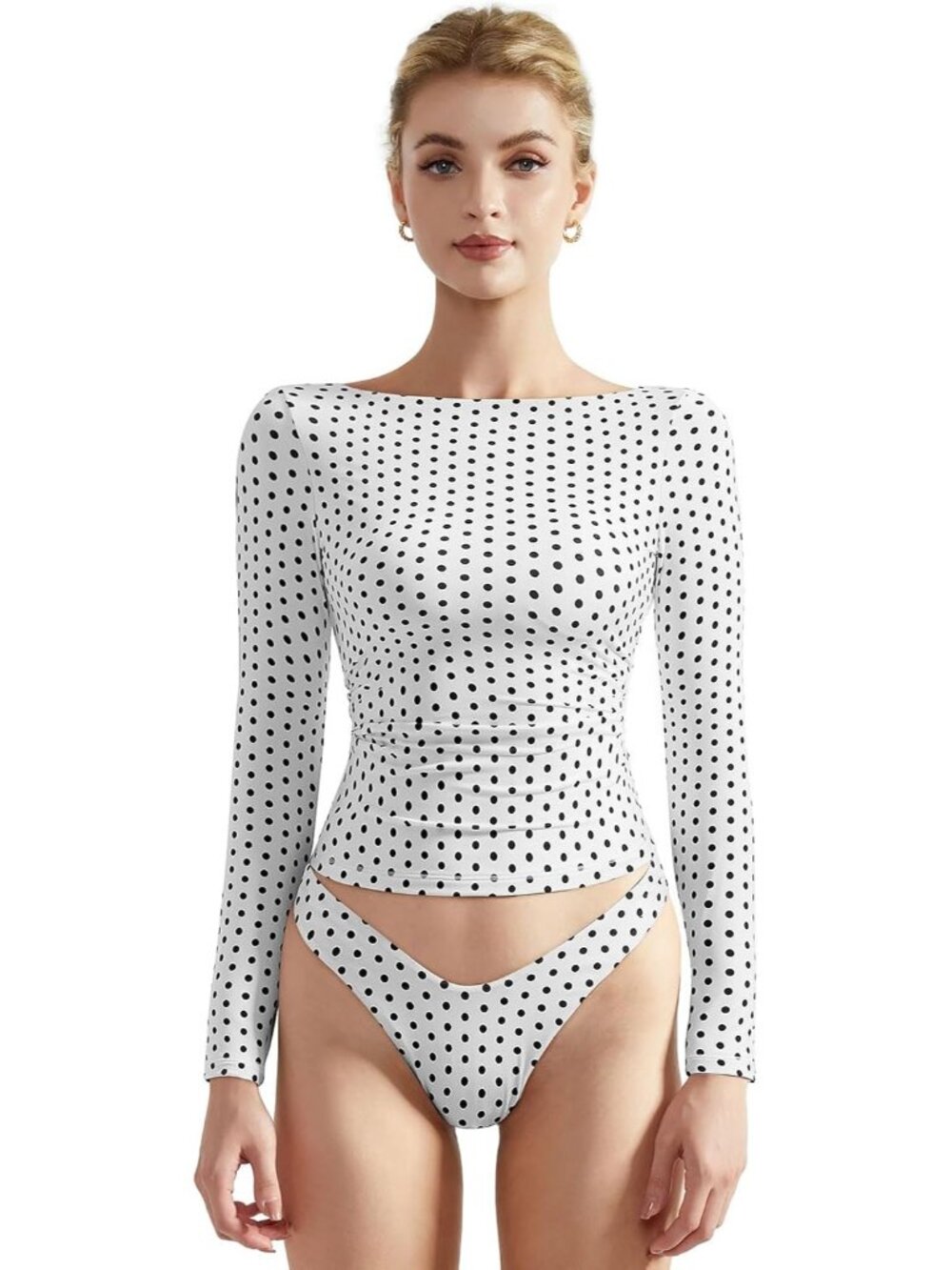Women's White Polka Dot Crew Neck Long Sleeve Crop Top Double Lined Fitted Shirt